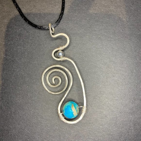 Truly Unique Hammered Stainless Steel Pendant w Blue Dyed Imperial Jasper Bead - Picture 6 of 6